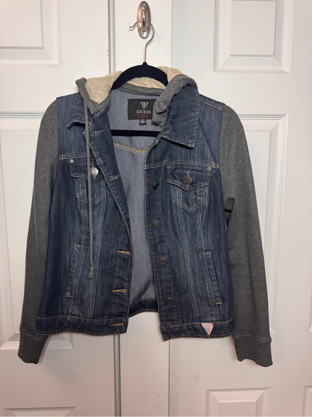 GUESS Y2K Dark Wash Denim Jacket Gray Knit Sleeves Hood Medium